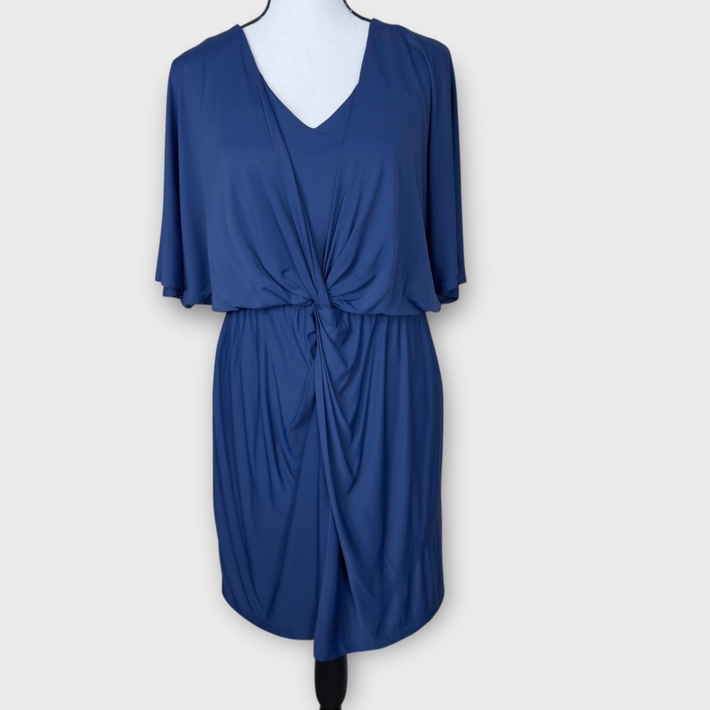 Trina Turk Dress Draped Twist Front V-Neck Flutter Sleeve Jersey Women 4 Blue
